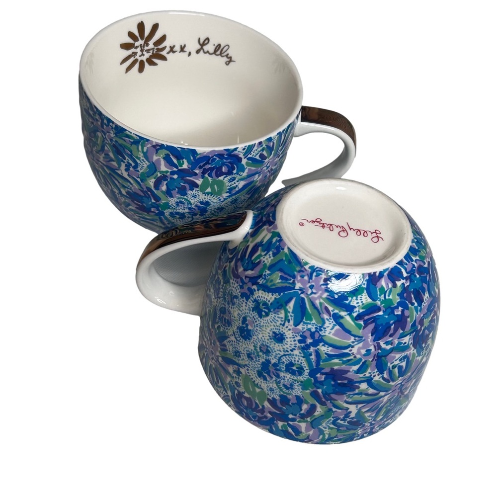 Set of 2 Lilly Pulitzer Coffee Mugs in Lion Around Blue Green Floral Gold Trim